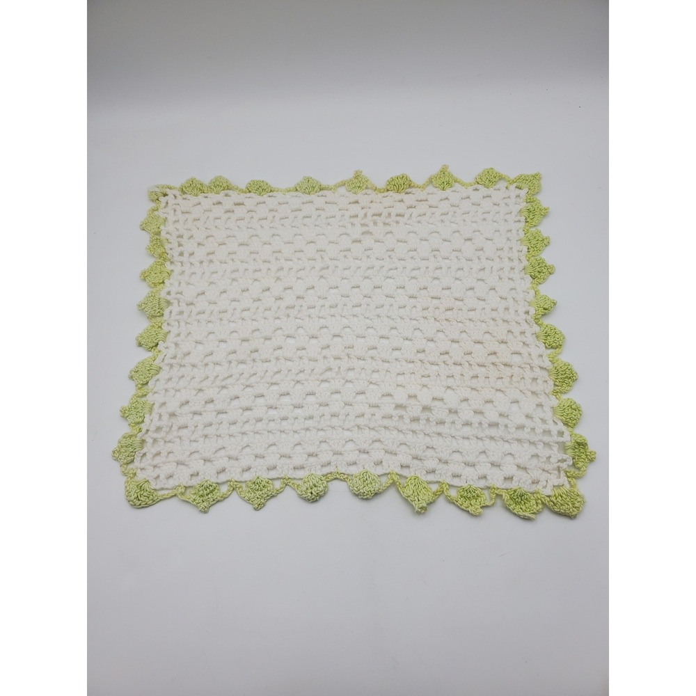 Vintage Crocheted 8x9 Doily with Green Scalloped Border